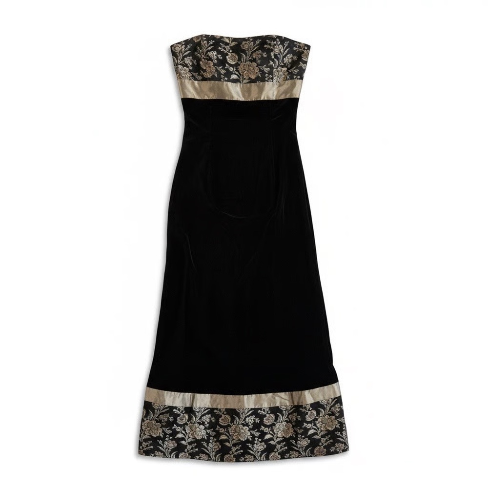 Jessica McClintock Vintage Strapless Black and Gold Floral Dress